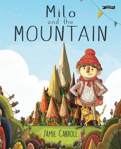 Illustration of a boy, a cat, and a colorful, patterned mountain landscape.