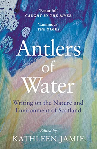 Book cover for Antlers of Water with abstract blue and green painted background.