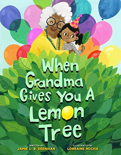 Book cover: Grandma and child peeking from lemon tree foliage.