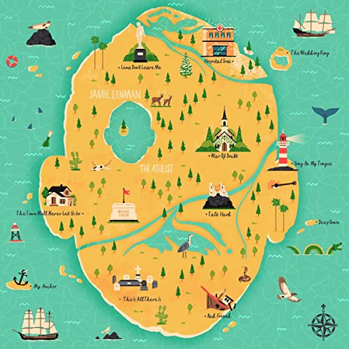 Illustrated map of a head-shaped island surrounded by water, featuring various landmarks and labels.