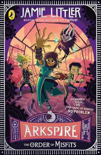 Book cover: four young characters with magical powers in a city.