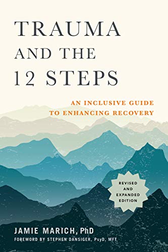 Book cover: "Trauma and the 12 Steps" with layered mountain illustration.