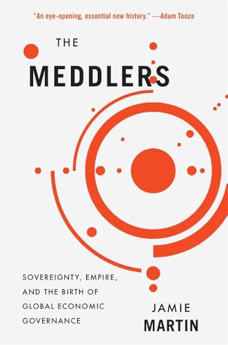 Book cover: “The Meddlers” with orange geometric design and text.