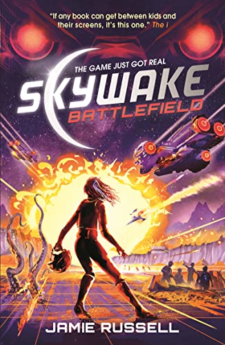 A person stands before a large explosion on a sci-fi battlefield with flying ships.