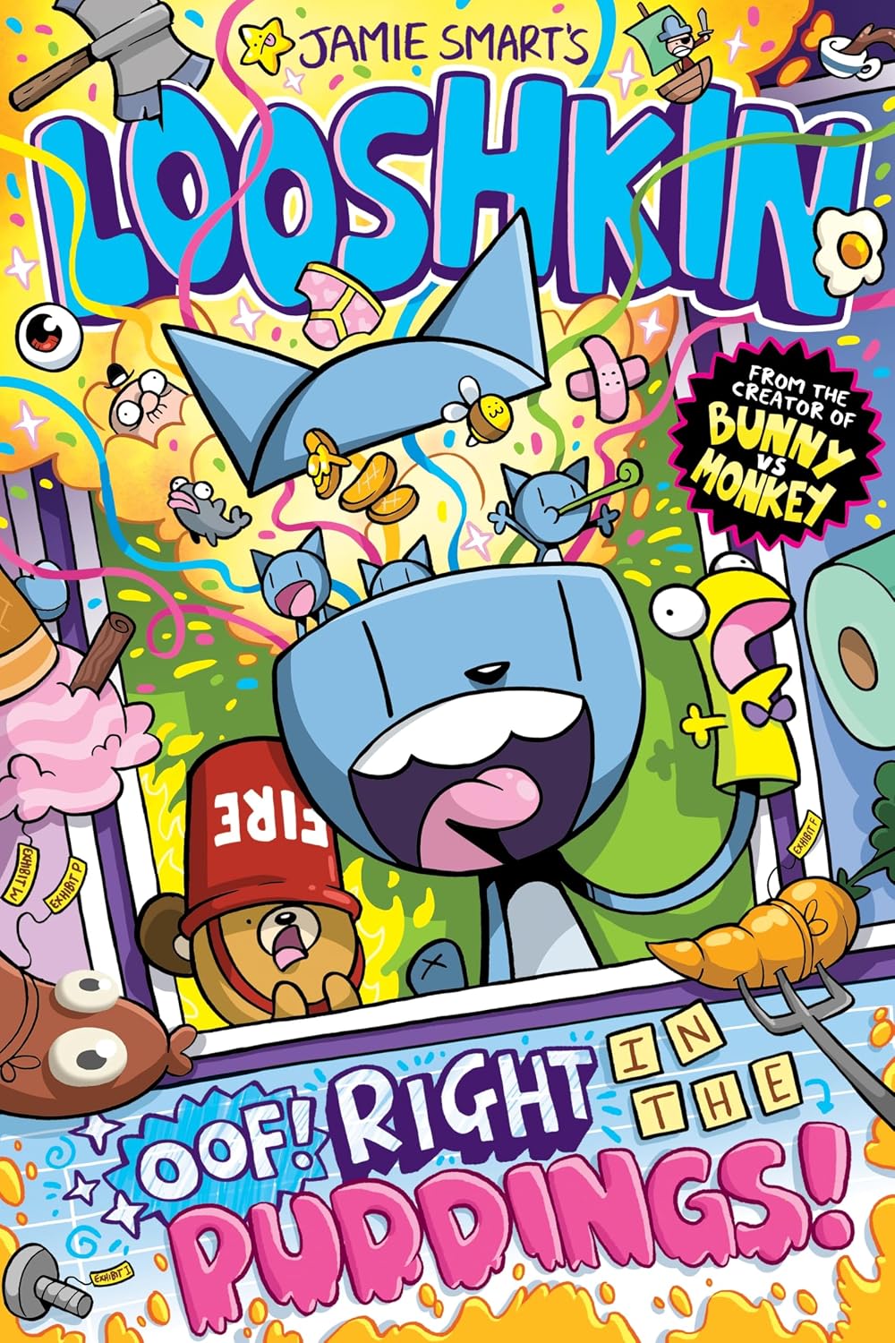 Colorful cartoon cover featuring a blue creature and comical, chaotic scene.