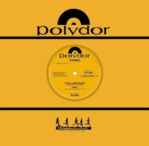Yellow vinyl record label for Jamie T's Keying Lamborghinis with Polydor branding.