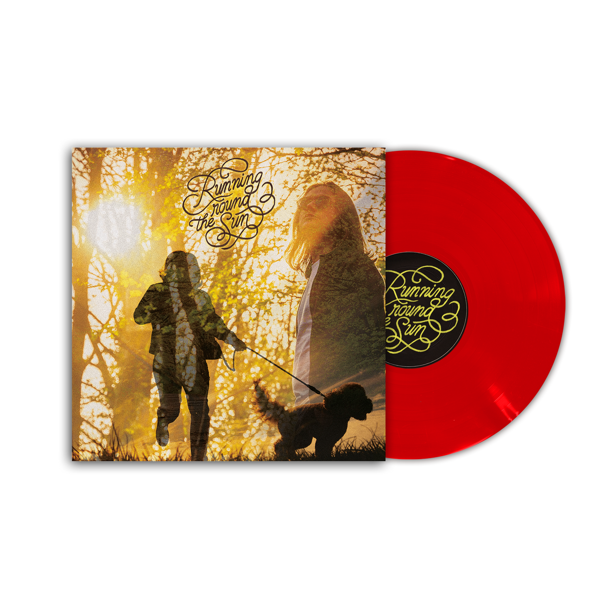 Vinyl record and album cover with silhouettes of people and a dog.