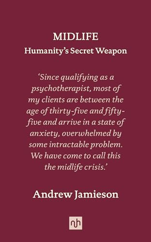 Book cover: "Midlife: Humanity's Secret Weapon" by Andrew Jamieson, red background.