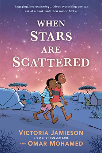 Two boys walk together in a refugee camp under a starry, purple-hued sky.