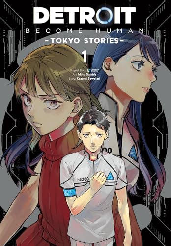 Comic book style illustrations of androids in a futuristic Tokyo city setting.