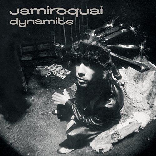 Black and white album cover for Jamiroquai’s “Dynamite” featuring Jay Kay.