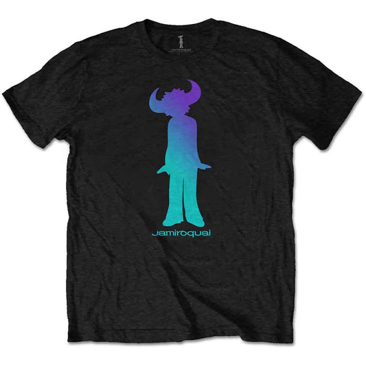 Black t-shirt featuring a blue and purple silhouette of a figure with a headpiece.