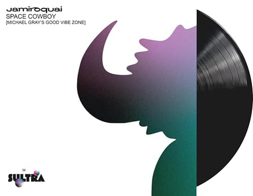 Jamiroquai “Space Cowboy” vinyl record with abstract rhino silhouette.