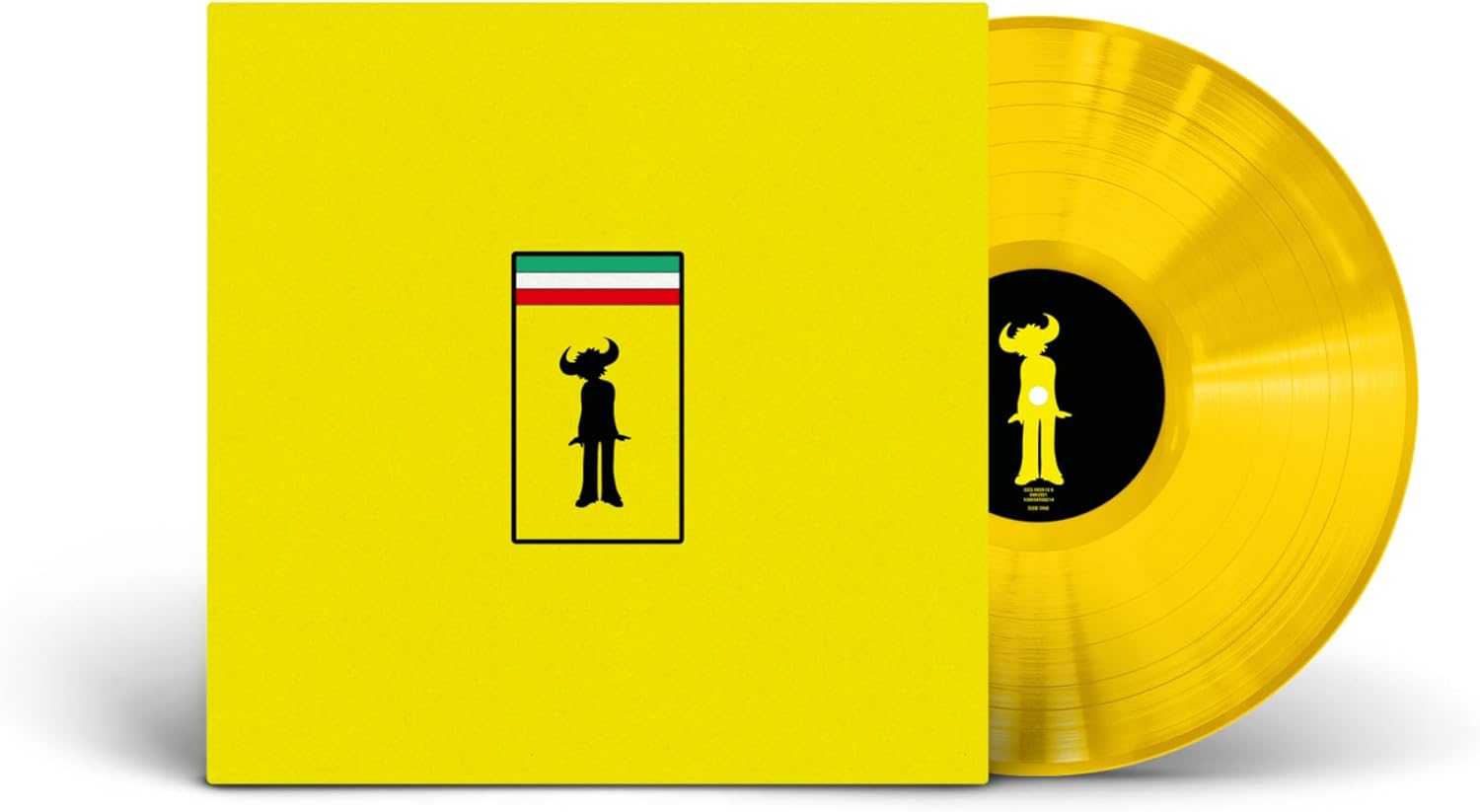 Bright yellow vinyl record and square album cover featuring a black buffalo man logo.