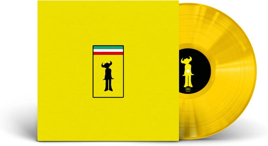 Bright yellow vinyl record and square album cover featuring a black buffalo man logo.