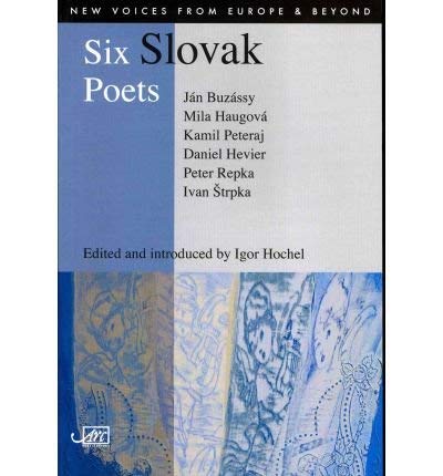 Book cover: “Six Slovak Poets” with blue and abstract art below title.