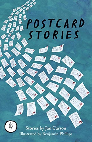 Book cover with swirling postcards and title "Postcard Stories.