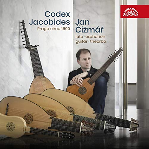 Man sitting with lute, surrounded by various stringed instruments on a marble floor.