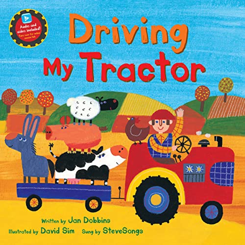 Children’s book cover depicting a red tractor with farm animals and a child.