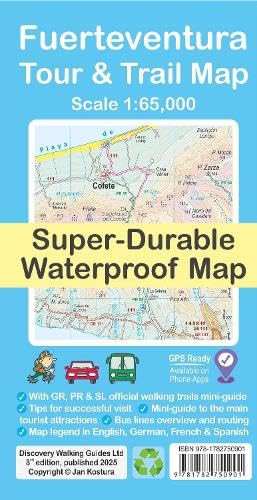 Fuerteventura Tour & Trail Map cover showing a topographic map section and product information.