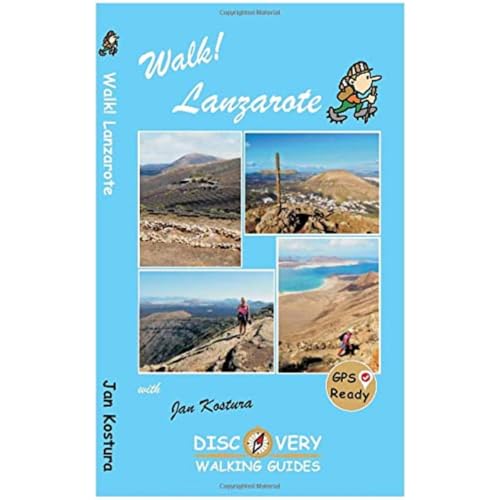 Book cover: "Walk Lanzarote" with landscape photos and a hiker illustration.