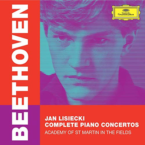 CD cover: Beethoven piano concertos by Jan Lisiecki, colorful abstract portrait.