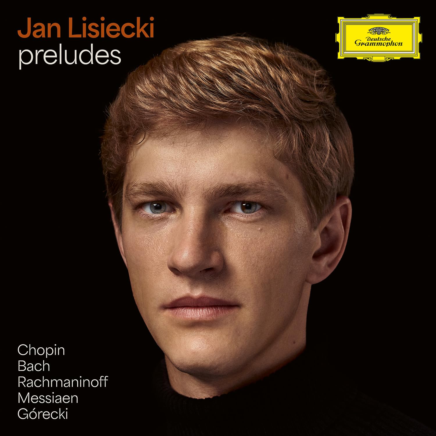 Jan Lisiecki’s portrait on album cover for classical piano preludes.