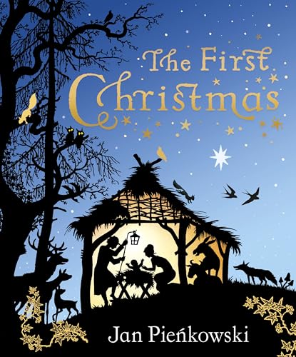 Silhouette Nativity scene with animals under a starry night sky.