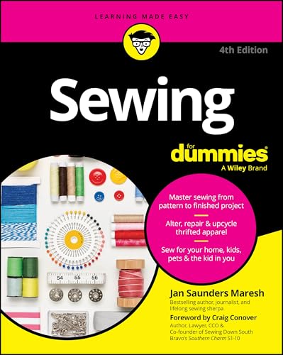 Sewing For Dummies 4th edition book cover featuring sewing supplies on a white background.