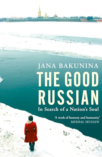Book cover: snowy landscape, woman in red, title “The Good Russian.”