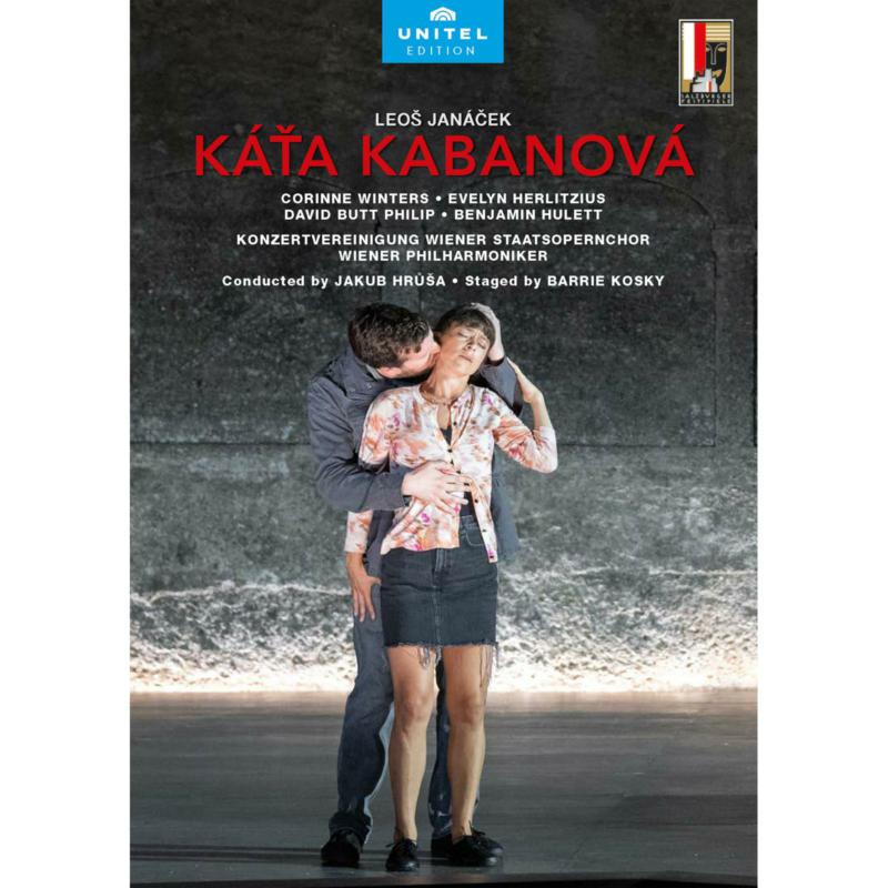 Blu-ray cover for Janáček’s *Káťa Kabanová* opera, featuring a couple embracing.