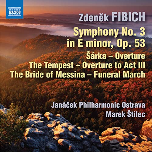 CD cover featuring a sunset over a forested valley with text detailing Fibich's music.