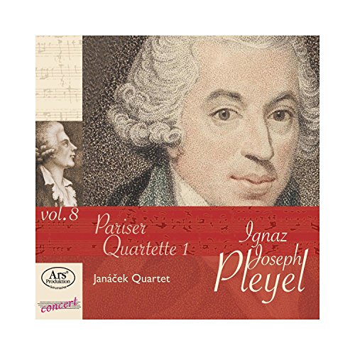 Red CD cover with portrait of Ignaz Joseph Pleyel and musical notation.