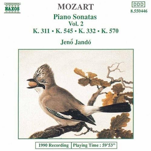 CD cover for Mozart Piano Sonatas Vol. 2 by Jenő Jandó featuring a jay bird.