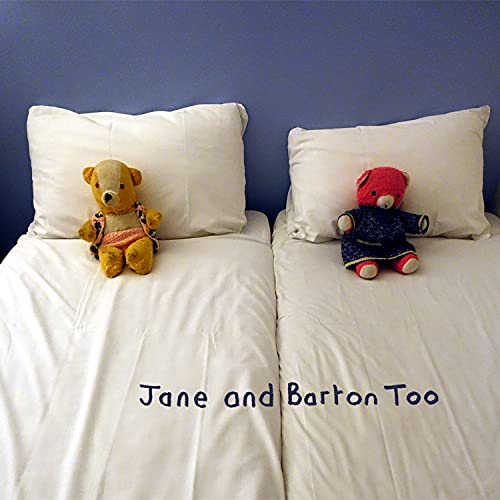 CD cover with two teddy bears on a white bed, text reads "Jane and Barton Too".