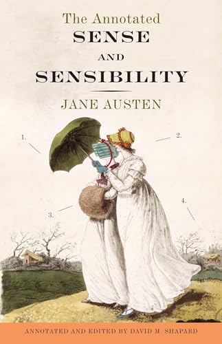 Book cover: "Sense and Sensibility" with illustrated women and annotations.