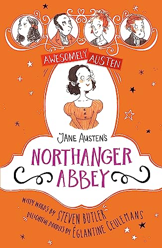 Book cover for Northanger Abbey with orange background and illustrated character portraits.