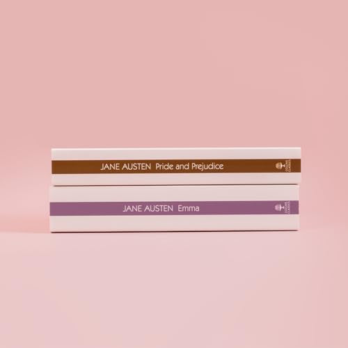 Two white books, "Emma" and "Pride and Prejudice," stacked on a pink background.