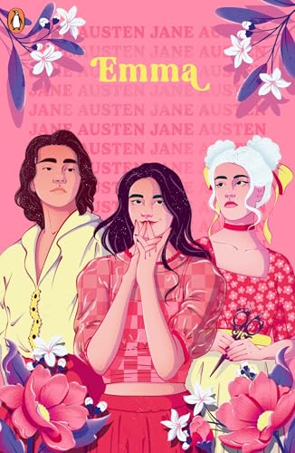 Book cover of "Emma" featuring illustrated portraits of three people with flowers.