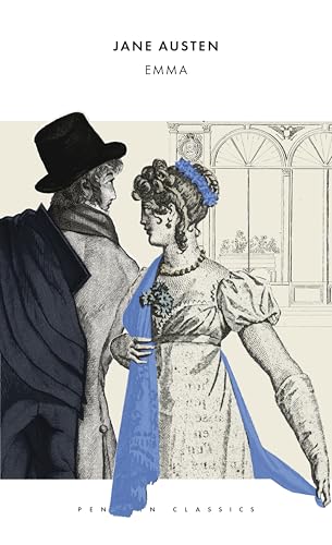 Book cover of "Emma" by Jane Austen with sketched figures in Regency attire.