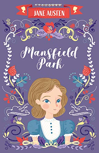 Mansfield Park" book cover with floral design and illustrated woman.