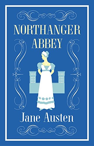 Blue book cover for "Northanger Abbey" featuring a woman and castle illustration.