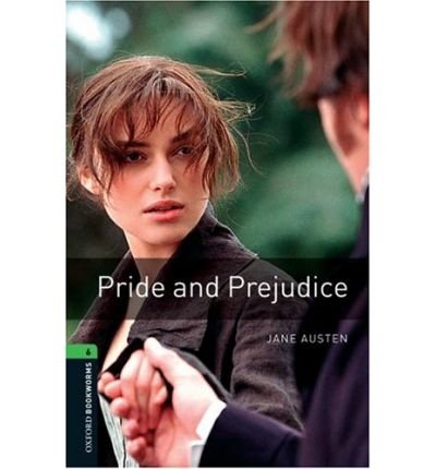 Book cover showing a woman looking at a man, with the title Pride and Prejudice.
