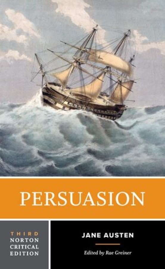 Book cover of "Persuasion" by Jane Austen with a ship at sea.