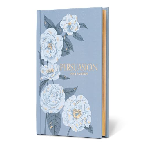 Blue book cover with floral design, titled "Persuasion" by Jane Austen.