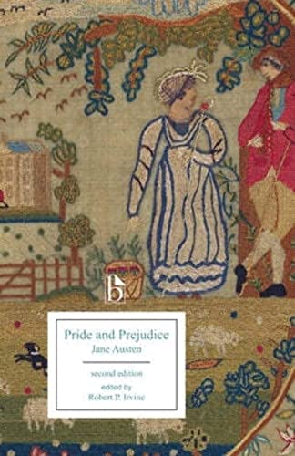 Book cover of “Pride and Prejudice” with figures in Regency attire.