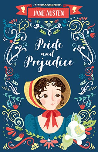 Book cover for Pride and Prejudice featuring a stylized illustration of a woman.