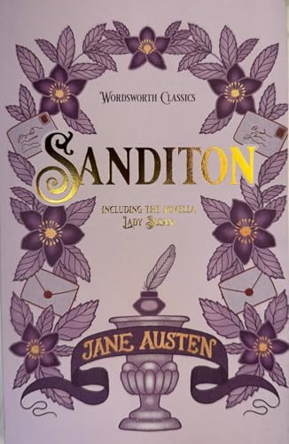 Book cover of Sanditon by Jane Austen featuring purple floral illustrations and an inkwell.