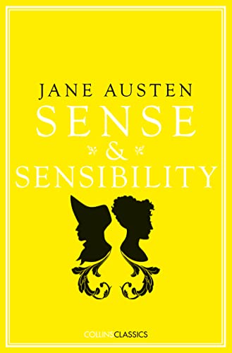 Yellow book cover for "Sense & Sensibility" with silhouettes of two women.