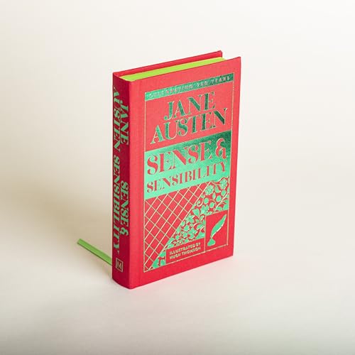 Red book cover with green text: "Jane Austen, Sense & Sensibility".